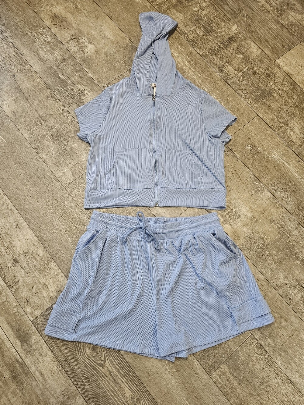 Light Blue Short Sleeve Hoodie and Drawstring Shorts Set